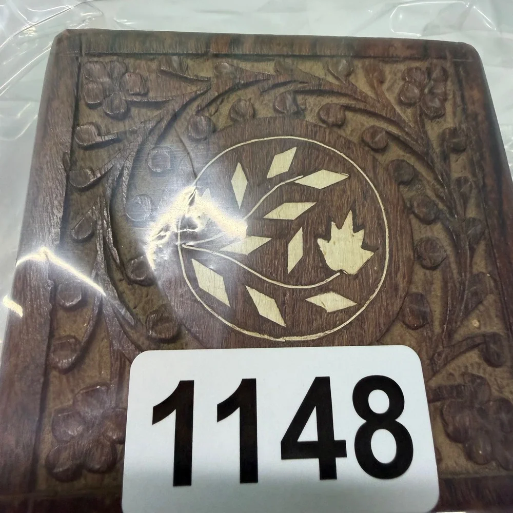 Hand Carved Wooden Trinket Box Floral Inlay Hinged Jewelry Keepsake Box 4x4
